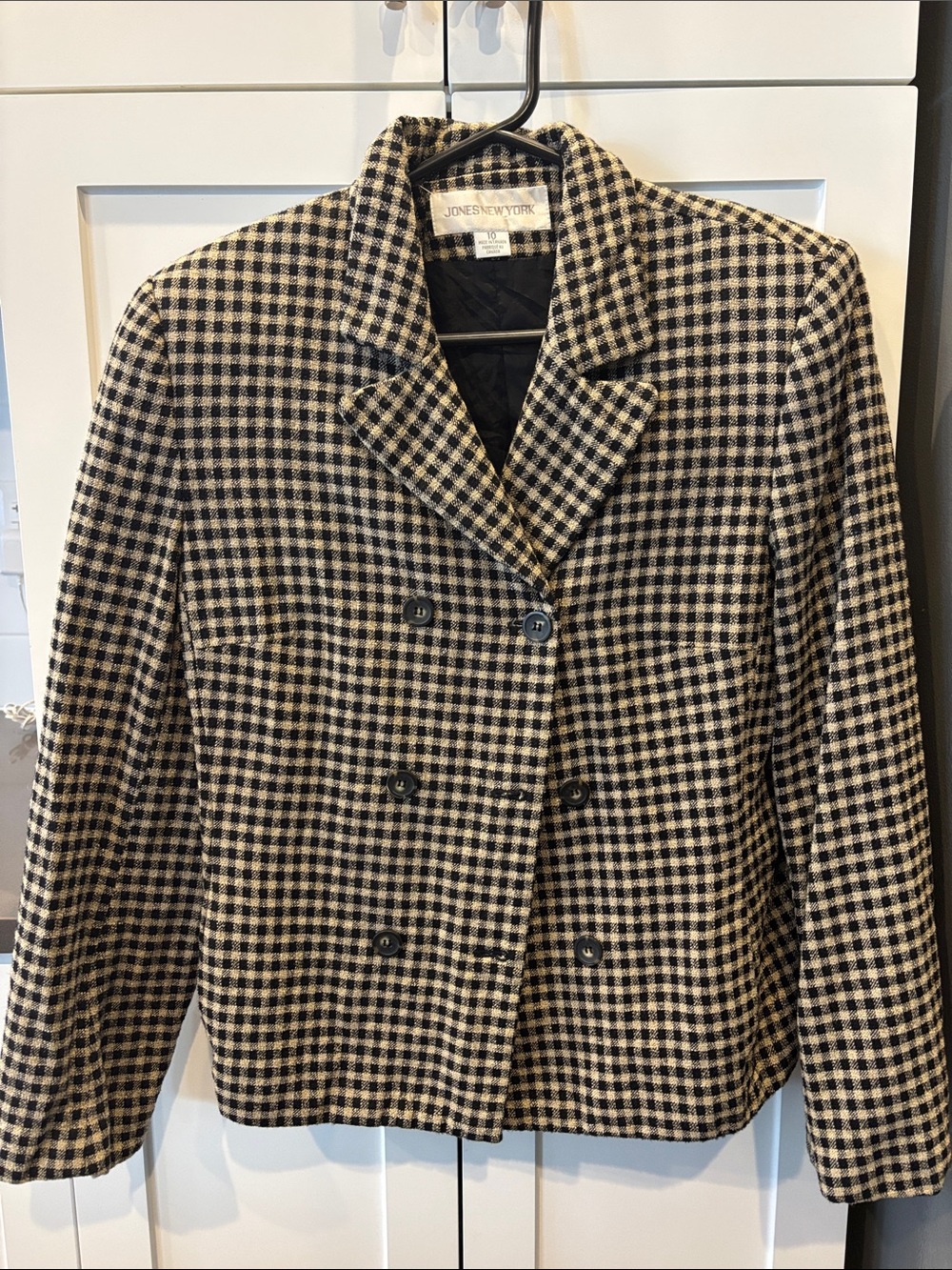 Jones New York Black and Cream Houndstooth Double-Breasted Blazer